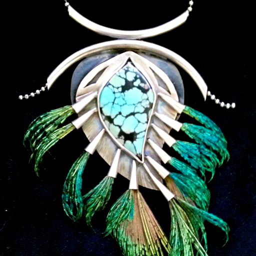 Large Sterling Silver, Copper, Turquoise Peacock feather pendant.